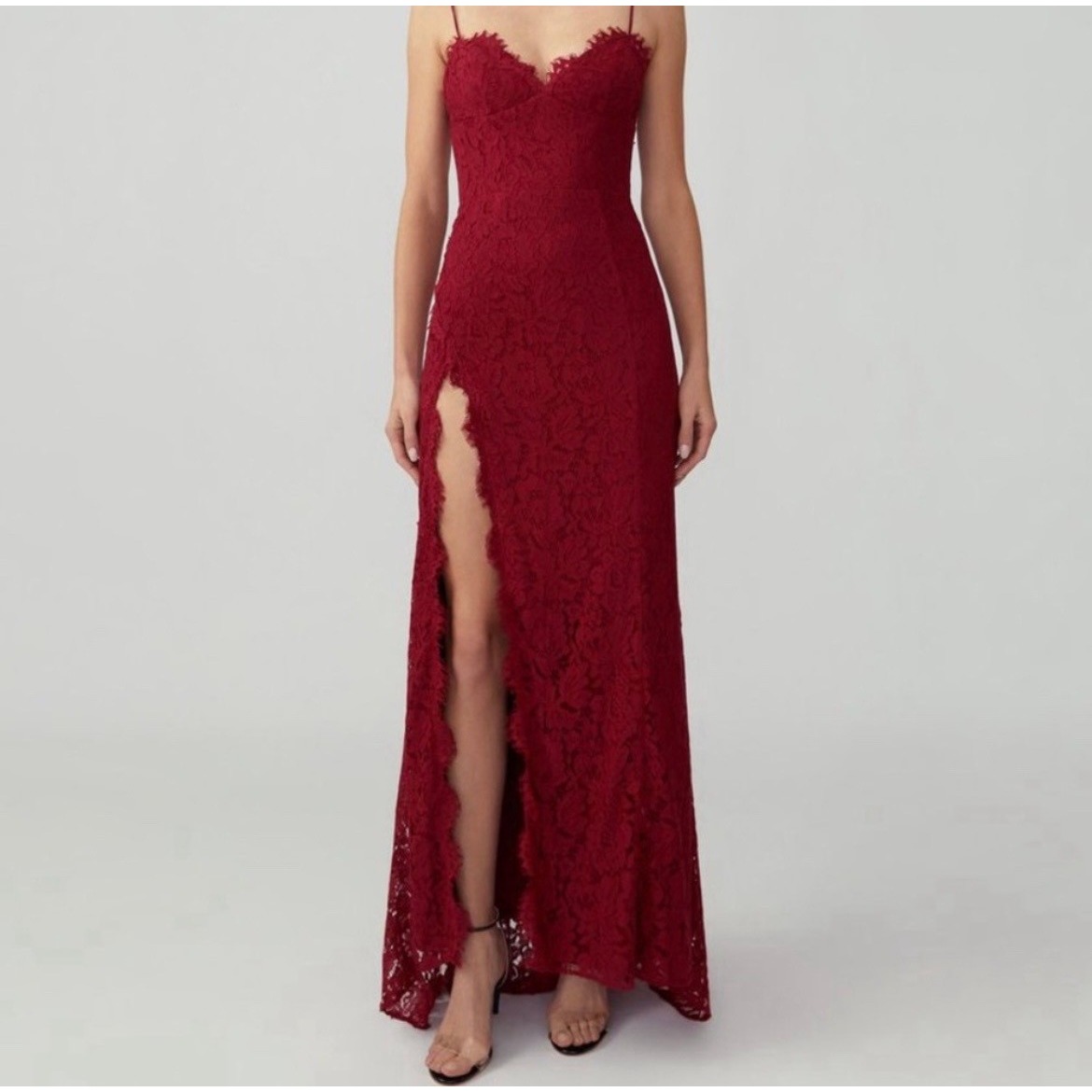 Fame And Partners The Everett Gown Floral Lace High Slit Maroon Red 0
